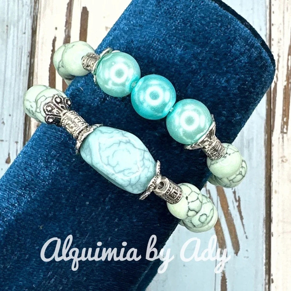 Turquoise colorful blue crystal pearls chunky maxi beaded bracelet - Picture 2 of 6